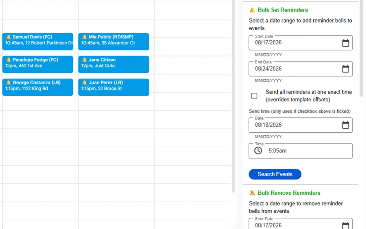 Google Calendar jobs, each with a reminder bell, beside the Calendar Force add-on's Bulk Set Reminders panel