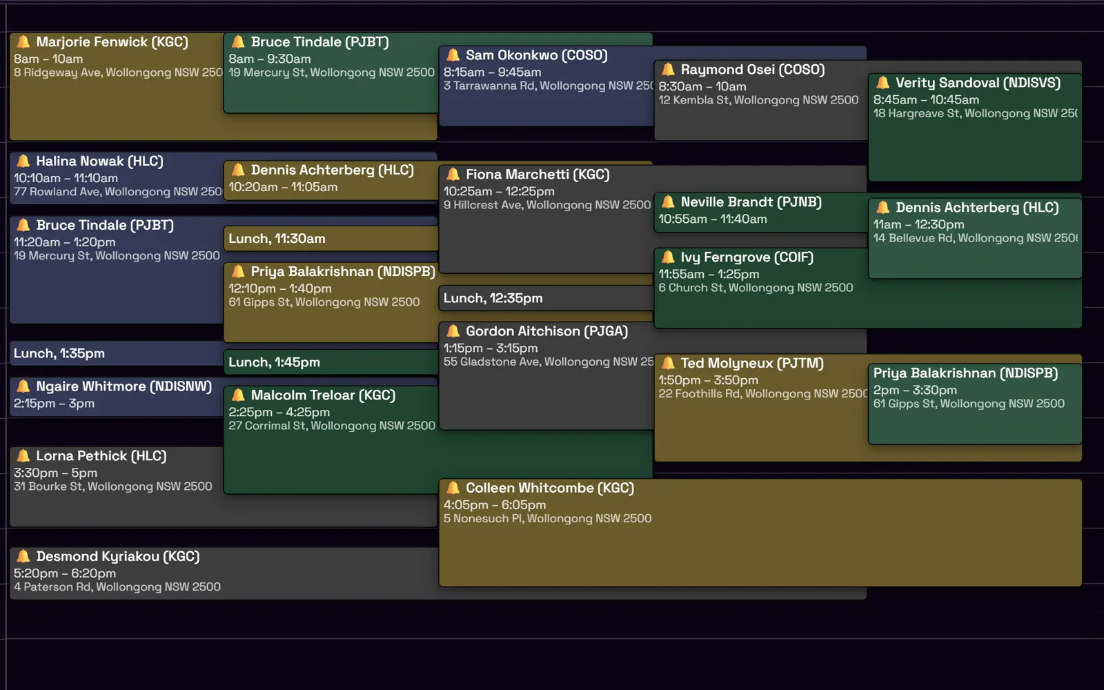 A busy day of jobs in the Calendar Force web app, colour-coded by staff member, each with a reminder bell